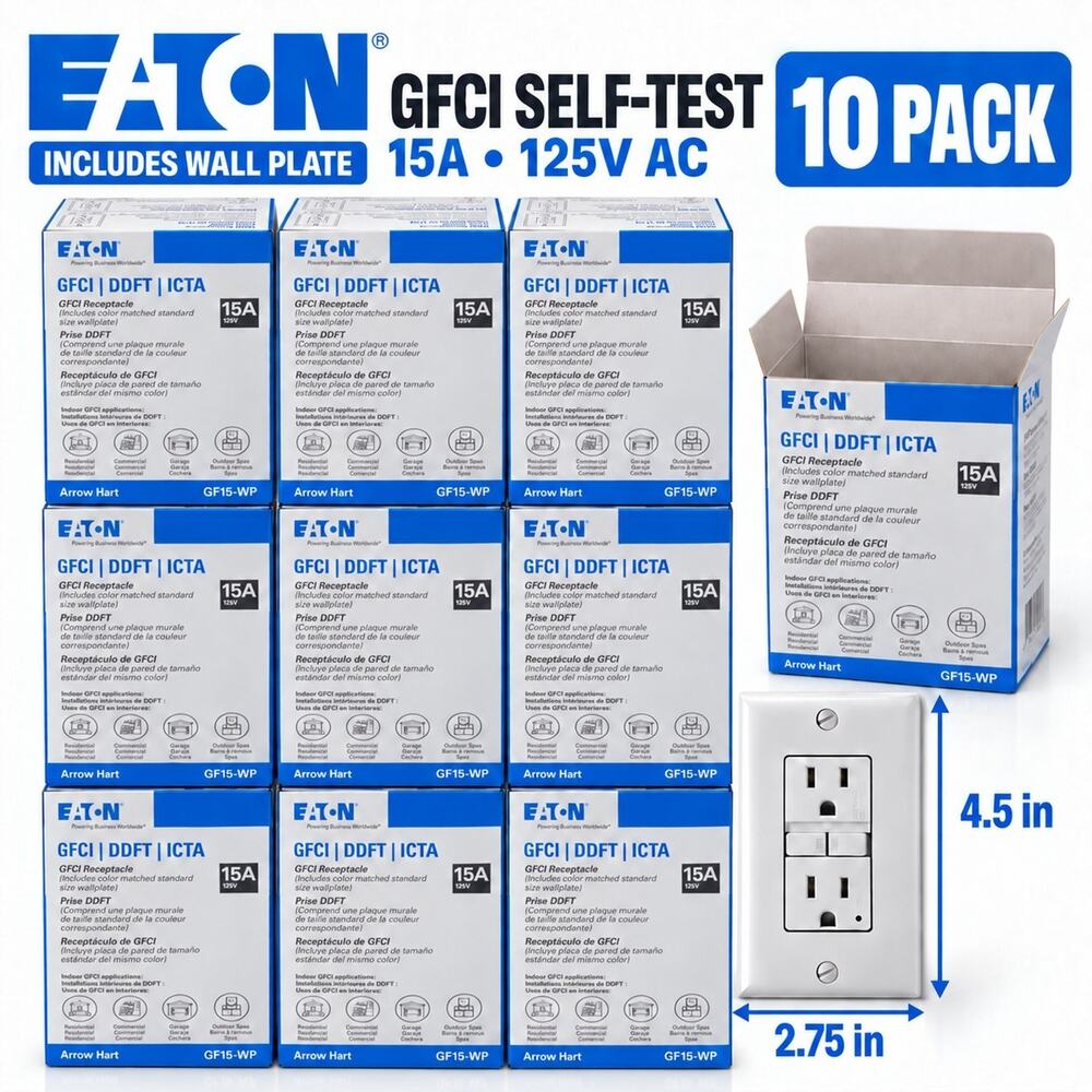 Eaton GF15-WP 15A 125V Self-Test GFCI Outlet Wall Plate White 10-Pack